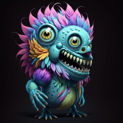 A cartoon, multicolored monster with teeth, feathers. On a solid background. Generative AI
