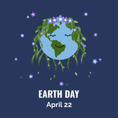 Earth day cartoon style poster. Earth day poster depicting smiling planet with vine hair and flowers and Earth day inscription.