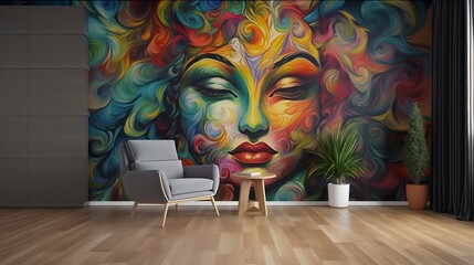 psychedelic 90's single sofa - nostalgic 90's theme with vibrant and eye-catching psychedelic art on simple plain wall background - ideal for real estate photography and interior design. generative ai