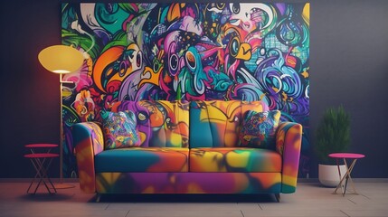 sofa with nostalgic 90's theme with vibrant and eye-catching art on simple plain wall background - ideal for real estate photography and interior design. generative ai