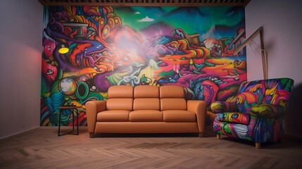 sofa with nostalgic 90's theme with vibrant and eye-catching art on simple plain wall background - ideal for real estate photography and interior design. generative ai