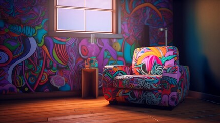 psychedelic 90's single sofa - nostalgic 90's theme with vibrant and eye-catching psychedelic art on simple plain wall background - ideal for real estate photography and interior design. generative ai
