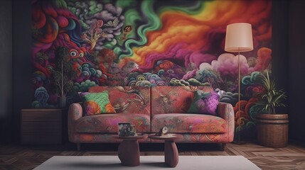 sofa with nostalgic 90's theme with vibrant and eye-catching art on simple plain wall background - ideal for real estate photography and interior design. generative ai