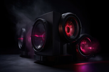 Musical speaker system futuristic design on black background.