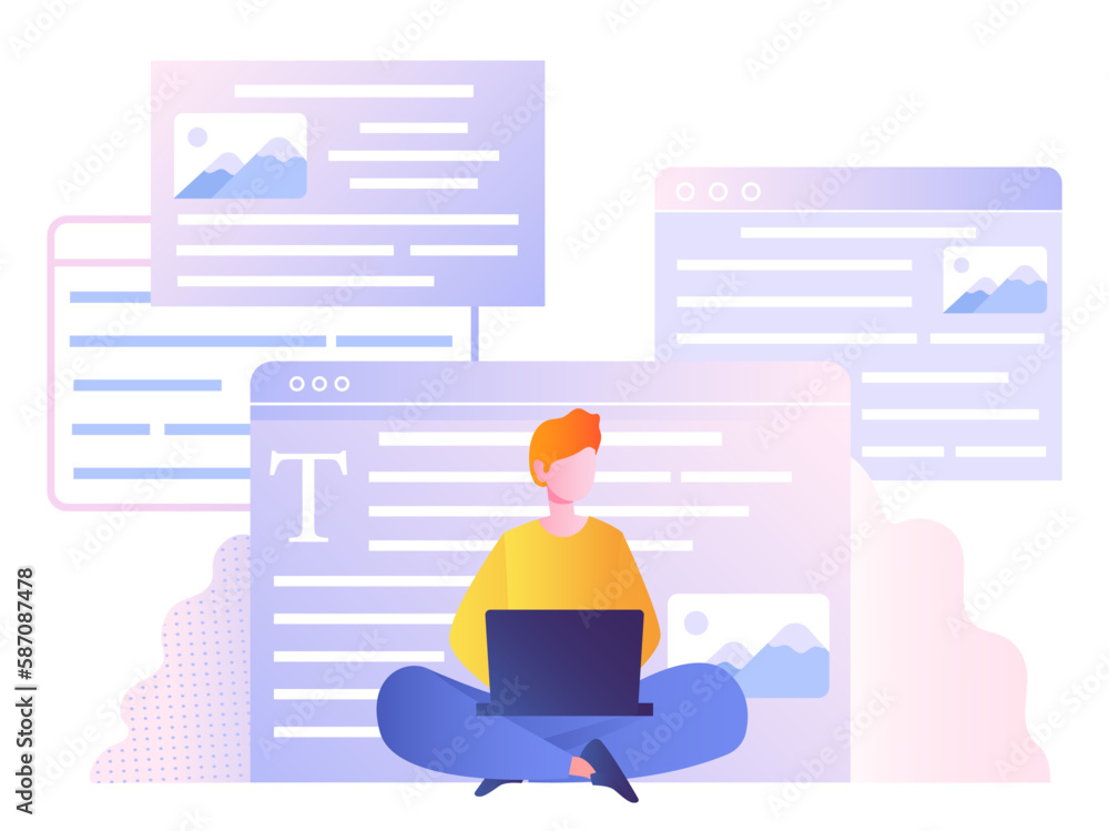 Poster concept of copywriting. man sits in lotus position with laptop on next to code. programmer develops 