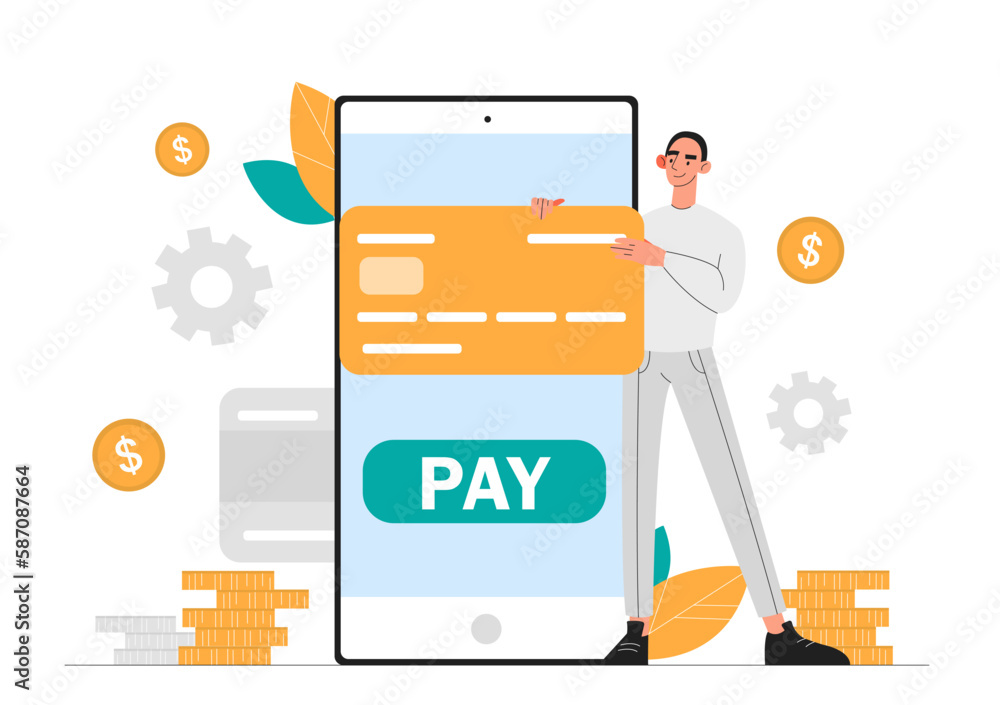 Poster man with credit card. young guy with banking application or program. online transactions and transfe