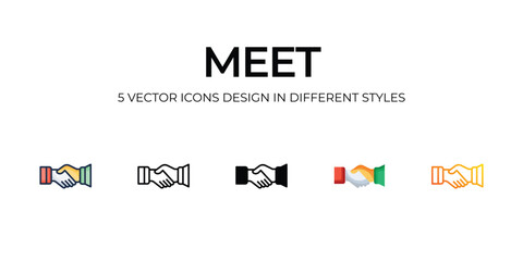 Meet Icon Design in Five style with Editable Stroke. Line, Solid, Flat Line, Duo Tone Color, and Color Gradient Line. Suitable for Web Page, Mobile App, UI, UX and GUI design.