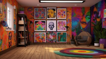  room with nostalgic 90's theme with vibrant and eye-catching art on simple plain wall background - ideal for real estate photography and interior design. generative ai