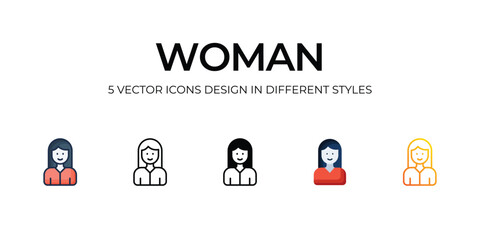 Woman Icon Design in Five style with Editable Stroke. Line, Solid, Flat Line, Duo Tone Color, and Color Gradient Line. Suitable for Web Page, Mobile App, UI, UX and GUI design.