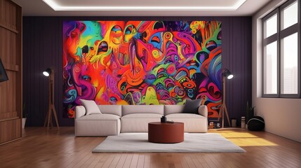 psychedelic 70's sofa - nostalgic 70's theme with vibrant and eye-catching psychedelic art on simple plain wall background - ideal for real estate photography and interior design. generative ai