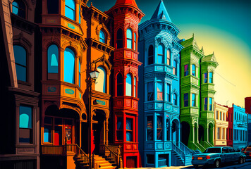 Obraz premium San Francisco street scene featuring varied architecture in a range of colors and styles. Use complementary colors like green/red or blue/orange for contrast and brilliance. Generative AI
