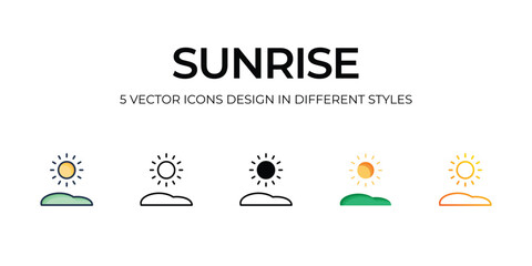 Sunrise Icon Design in Five style with Editable Stroke. Line, Solid, Flat Line, Duo Tone Color, and Color Gradient Line. Suitable for Web Page, Mobile App, UI, UX and GUI design.
