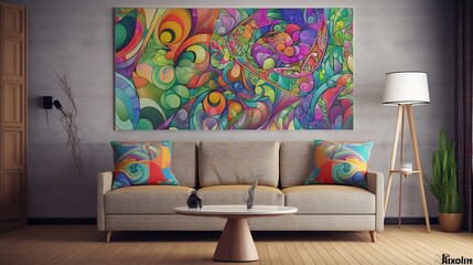 psychedelic 70's sofa - nostalgic 70's theme with vibrant and eye-catching psychedelic art on simple plain wall background - ideal for real estate photography and interior design. generative ai