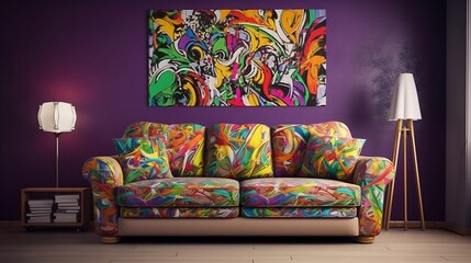 psychedelic 70's sofa - nostalgic 70's theme with vibrant and eye-catching psychedelic art on simple plain wall background - ideal for real estate photography and interior design. generative ai