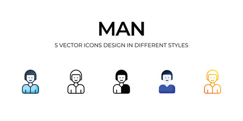 Man Icon Design in Five style with Editable Stroke. Line, Solid, Flat Line, Duo Tone Color, and Color Gradient Line. Suitable for Web Page, Mobile App, UI, UX and GUI design.