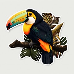 Fototapeta premium Toucan bird on a branch isolated on white background. Generative AI