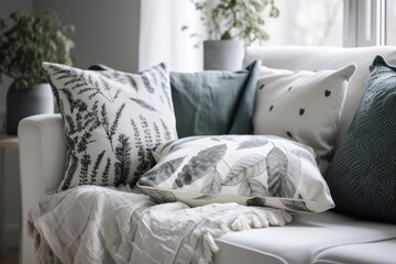 Sofa decorative pillows with white pillowcases. Grey cozy plaid on living room sofa or armchair. Boho hygge interior design. Generative AI