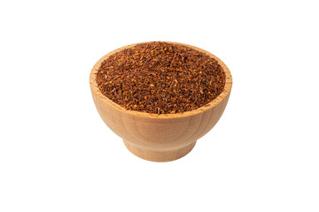 Rooibos tea medium cut in wooden bowl isolated on white background. Rooibos in latin Aspalathus linearis. herb. herbal tea. food ingredient.