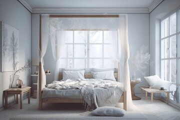 white bedroom with a luxurious canopy bed and a soft white rug. Generative AI
