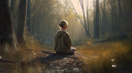 Eine Frau betreibt Meditation im Wald im Herbst, created with Generative AI technology