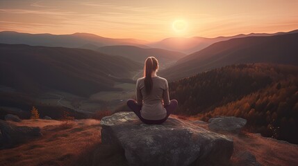 Eine Frau betreibt Meditation auf einem Stein in den Bergen beim Sonnenuntergang, created with Generative AI technology