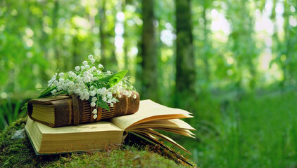Lily of the valley flowers and old books in forest, green natural blurred background. symbol of...