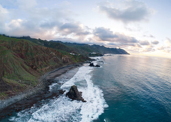 Panoramic aerial view of Playa de Benijo at sunset. Tenerife, Canary Islands