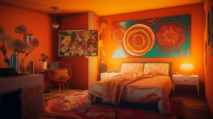 psychedelic 70's bedroom - nostalgic 70's theme with vibrant and eye-catching psychedelic art on simple plain wall background - ideal for real estate photography and interior design. generative ai