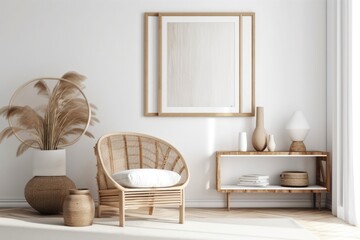 A modern living area with a white wall and an empty picture frame. Boho inspired, Scandinavian interior design mockup. Copy space that is free for your image Rattan armchair and wooden console