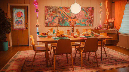 psychedelic 70's dinner room - nostalgic 70's theme with vibrant and eye-catching psychedelic art on simple plain wall background - ideal for real estate photography and interior design. generative ai