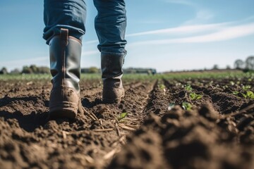 Low angle shot of a man wearing rubber boots in a farmer's field with a blue sky in the distance. Man strolling through a field of crops. Early in the spring, a farmer strolls through a plowed field