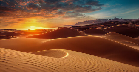 Panorama banner of sand dunes Sahara Desert at sunset. Endless dunes of yellow sand. Desert landscape Waves sand nature.          - obrazy, fototapety, plakaty