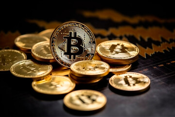 Stock or currency market financial exchange, Cryptocurrency golden bitcoin coin, future profit backdrop with global economic chart, Generative Ai