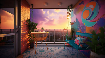 psychedelic 70's balcony - nostalgic 70's theme with vibrant and eye-catching psychedelic art on simple plain wall background - ideal for real estate photography and interior design. generative ai