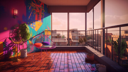 psychedelic 70's balcony - nostalgic 70's theme with vibrant and eye-catching psychedelic art on simple plain wall background - ideal for real estate photography and interior design. generative ai