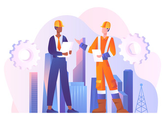 Inspector foreman concept. Men in suits and protective helmets against backdrop of buildings. Construction and engineering, architects. Manager controlling process. Cartoon flat vector illustration