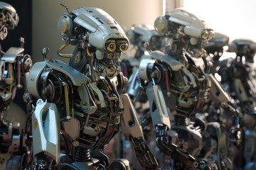 Fototapeta na wymiar Lots of metal robots. AI generative.