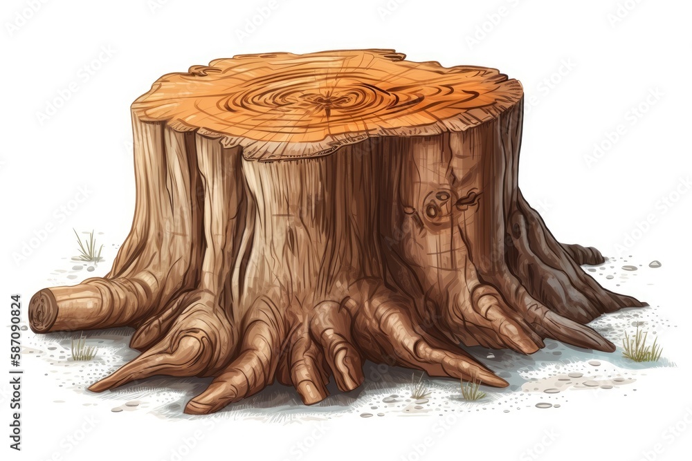 Poster hollowed-out tree stump with moss and foliage surrounding it. generative ai