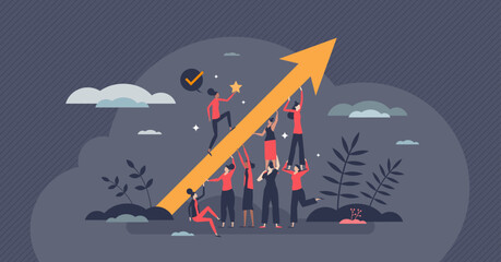 Woman empowerment and female feminism movement group tiny person concept. Strong and powerful social group with strength to fight and be proud of herself vector illustration. Achievement and success.