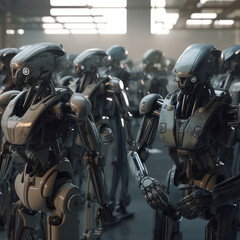 Fototapeta na wymiar Lots of identical robots in the room. AI generative.