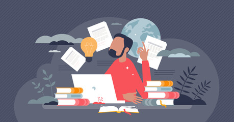 Digital literacy and information understanding skills tiny person concept. Literature reading and ability to understand real news and to analyze vector illustration. Info article resource management.