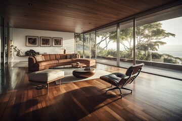 Fototapeta premium Serene Oceanfront Living Room - Contemporary Design and Natural Beauty in Costa Rica. generative ai