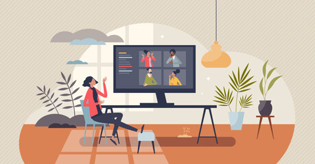 Video conferencing call as online group communication tiny person concept. Videocall technology for digital distant meetings vector illustration. Business discussion with colleagues in live stream.