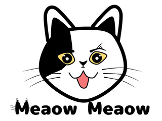 Illustration hand drawn cute cat face with saying Meaow Meaow isolated on white background 