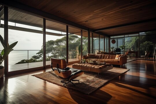 Serene Oceanfront Living Room - Contemporary Design and Natural Beauty in Costa Rica. generative ai