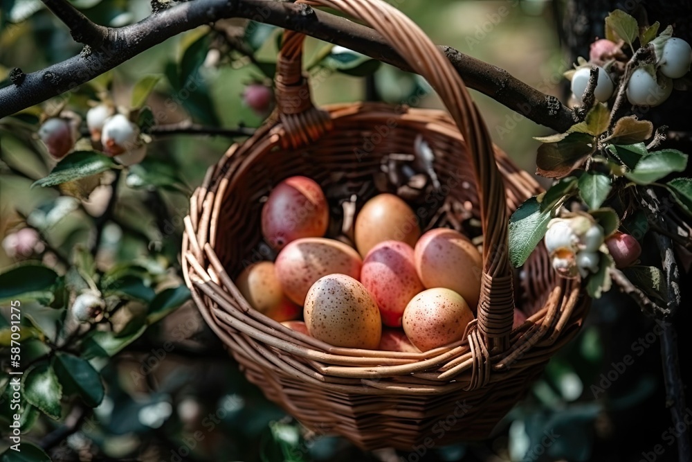 Poster basket of eggs perched on a branch of a tree. generative ai
