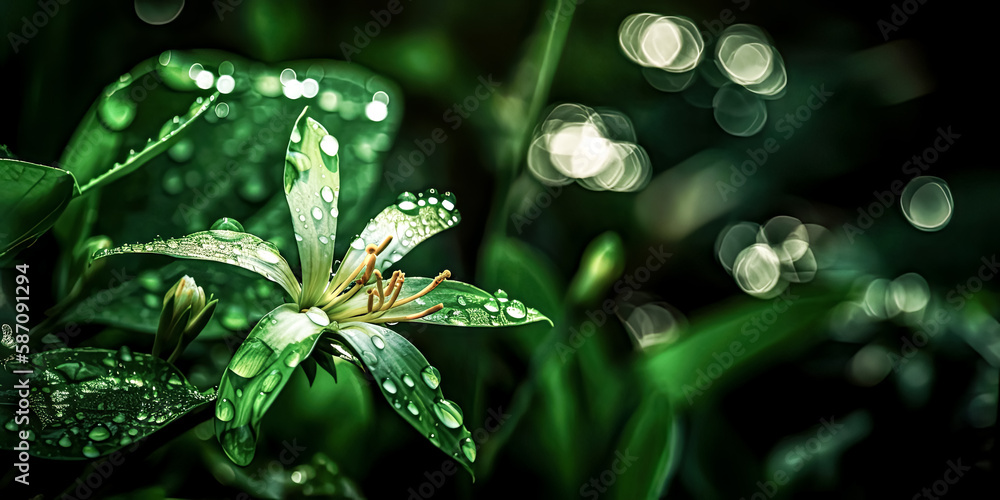 Poster soft shades of green and silver glow in the background, creating a serene atmosphere. - generative a