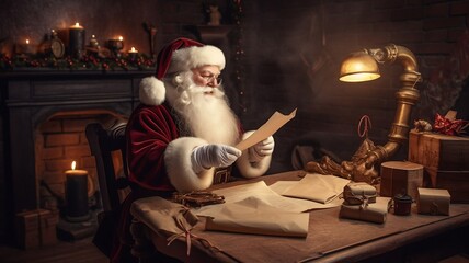 Fototapeta na wymiar Père Noël en train de lire une lettre d'enfant dans son atelier - generative ai