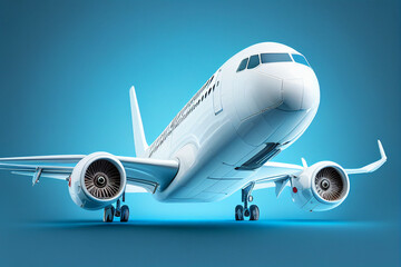 Airplane in the sky. 3D illustration. Blue background. generative ai