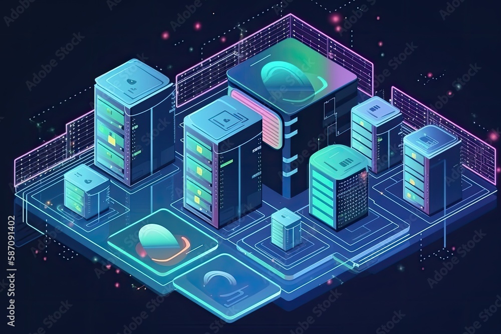 Poster futuristic server room with multiple servers and advanced technology. generative ai
